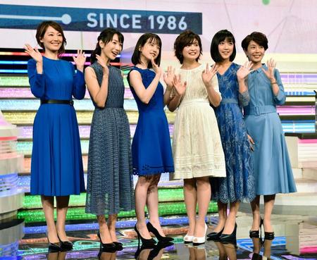 　Ｍステ歴代ＭＣの（左から）下平さやか、堂真理子、弘中綾香、並木万里菜、竹内由恵、武内絵美の各アナウンサー＝テレビ朝日