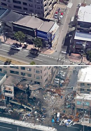 爆発のあった札幌市豊平区の現場。上は爆発前の様子（グーグル提供）、下は１７日午後の航空写真（共同通信社ヘリから）　