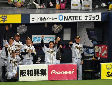 　３回、梅野の中前打にわく矢野監督（右端）ら阪神ベンチ＝京セラドーム大坂