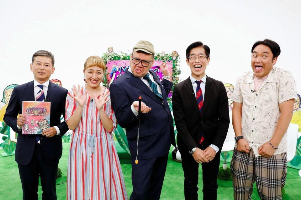 「ＭＣくっきーの人生の肥やしちゃん」に出演する（左から）豊田康雄アナ、丸山桂里奈、くっきー、岸博幸、たむらけんじ