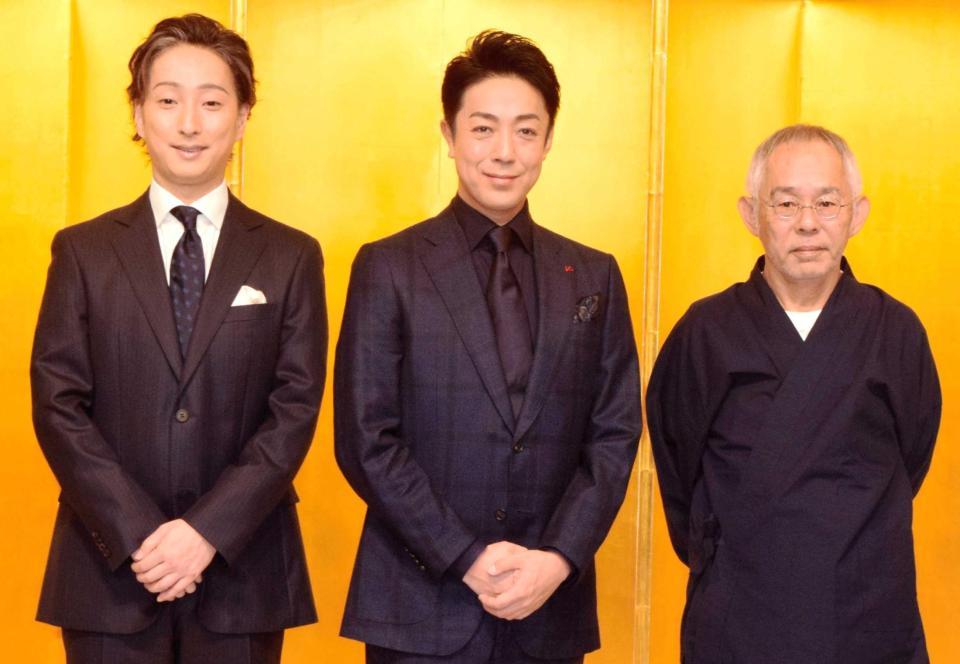 　会見に出席した（左から）中村七之助、尾上菊之助、鈴木敏夫プロデューサー＝都内