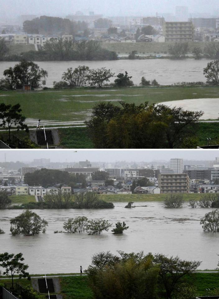 　１２日午後１時２１分（上）と同３時５５分の多摩川。台風１９号の影響で増水し、グラウンドが水につかった。奥は川崎市＝東京都大田区から撮影