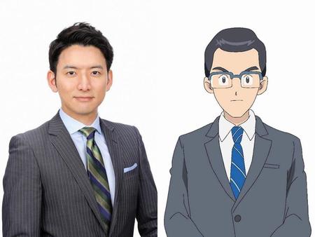 「デジモンアドベンチャー：」に声で出演する生田竜聖アナ（左）と作中で演じるキャスター（Ｃ）本郷あきよし・フジテレビ・東映アニメーション