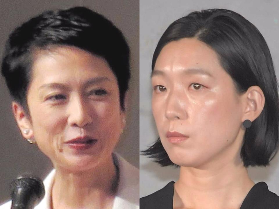 蓮舫氏（左）と「半沢直樹」で白井国交相を演じる江口のりこ