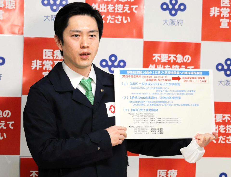 　大阪府の吉村洋文知事は、政府に緊急事態宣言発令を要請すると表明＝１９日、大阪府庁