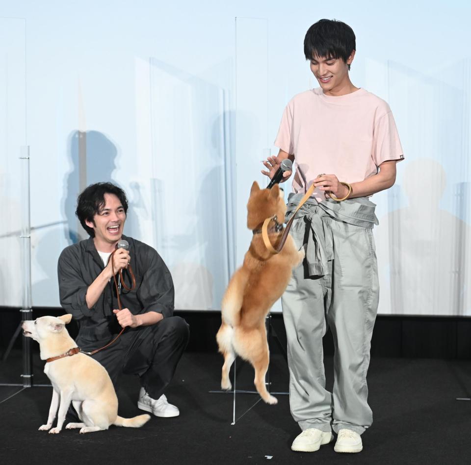 柴犬・きぃくんのジャンプ芸を披露する中川大志（右）を笑顔で見つめる林遣都＝東京・ＴＯＨＯシネマズ六本木ヒルズ（撮影・高石航平）