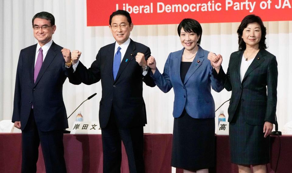 　自民党総裁選の候補者たち＝１７日、東京・永田町の党本部