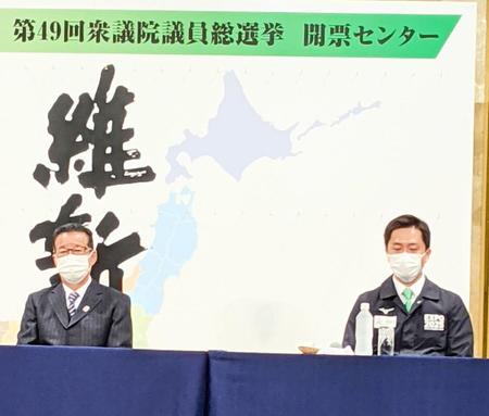 　会見する日本維新の会の松井一郎代表（左）と吉村洋文副代表＝大阪市内