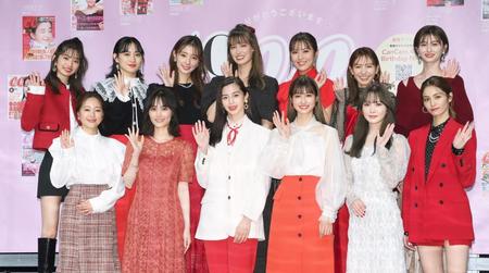 ＣａｎＣａｍ創刊４０周年イベントに登場した（前列左から）まい、山下美月、中条あやみ、生見愛瑠、加藤史帆、楓（後列左から）小室安未、佐々木莉佳子、宮本茉由、トラウデン直美、石川恋、ほのか、菜波＝都内（撮影・堀内翔） 