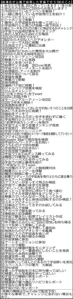 　前澤氏が公募で採用した宇宙で行う１００のこと