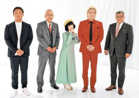 　１９８５年の阪神についてトークした（左から）ＤｅＮＡ初代球団社長の池田純氏、デイリースポーツの改発博明社長、千秋、カズレーザー、掛布雅之氏