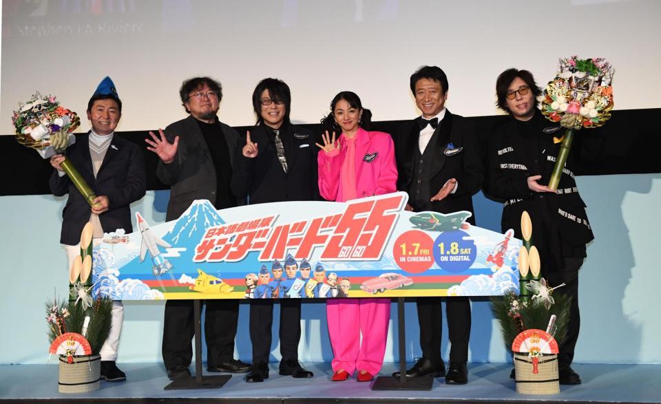 　劇場版「サンダーバード５５」のイベントを行った（左から）元フジテレビアナウンサーの笠井信輔氏、樋口真嗣、森川智之、満島ひかり、井上和彦、日野聡（撮影・開出牧）