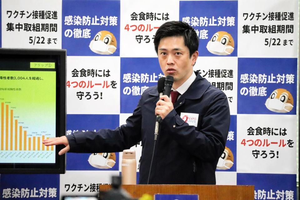 　会見で話す大阪府の吉村洋文知事＝大阪府庁