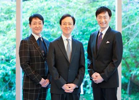 　「六月大歌舞伎」の第３部「ふるあめりかに袖はぬらさじ」の取材会を行った（左から）河合雪之丞、坂東玉三郎、喜多村緑郎