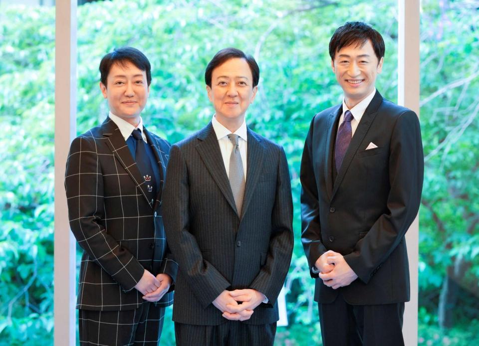 　「六月大歌舞伎」の第３部「ふるあめりかに袖はぬらさじ」の取材会を行った（左から）河合雪之丞、坂東玉三郎、喜多村緑郎