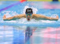　男子４００メートル個人メドレー決勝の本多灯のバタフライ（共同）