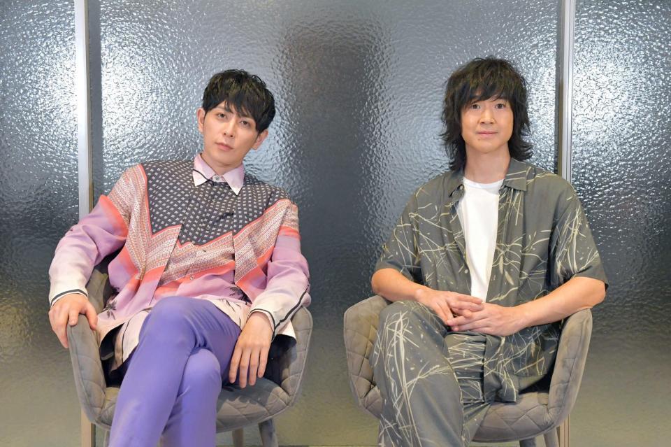 　野外音楽フェスにコラボ出演する堂珍嘉邦（左）と藤巻亮太（撮影・伊藤笙子）