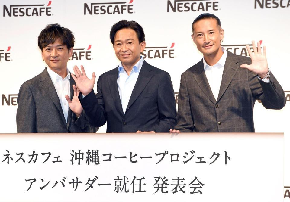 　ＰＲアンバサダーに就任したＴＯＫＩＯの（左から）国分太一、城島茂、松岡昌宏（撮影・佐藤厚）