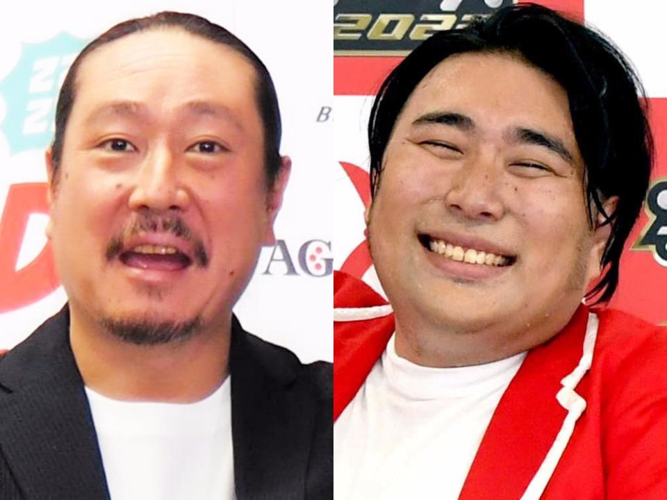 　笑い飯・西田幸治（左）とビスケットブラザーズ原田泰雅