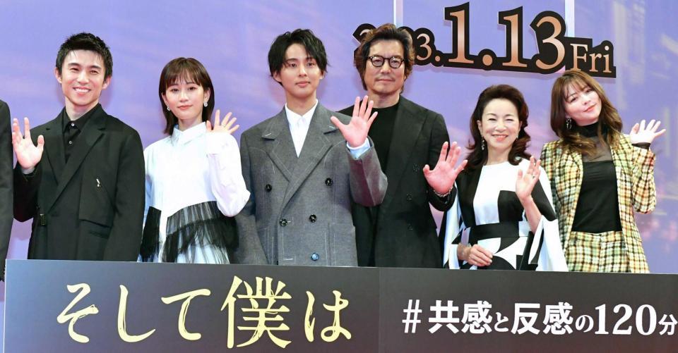 　（左から）中尾明慶、前田敦子、藤ヶ谷太輔、豊川悦司、原田美枝子、香里奈（撮影・佐々木彰尚）