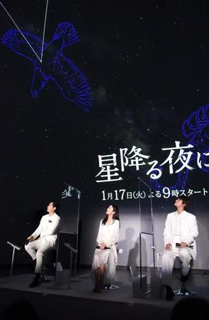 　プラネタリウムの星座を見上げる（左から）ディーン・フジオカ、吉高由里子、北村匠海（撮影・佐藤厚）