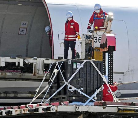 　航空機に積み込まれるシャンシャンが入ったコンテナ