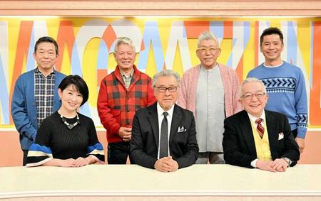 　今年１月に撮影されたＢＳ－ＴＢＳ「噂の！東京マガジン」の集合写真。（前列左から）小島奈津子、森本毅郎、井崎脩五郎、（後列左から）山口良一、清水国明、笑福亭笑瓶さん、深沢邦之（ＢＳ－ＴＢＳ提供）