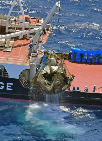 　現場海域から引き揚げられた陸自ヘリの機体（共同通信社ヘリから）