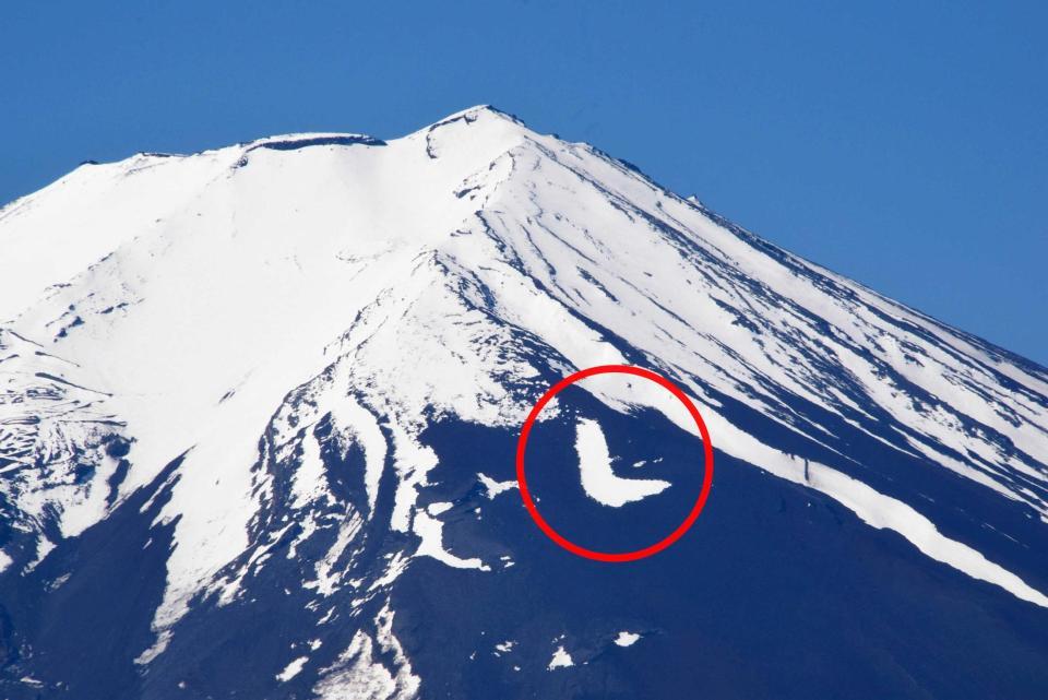 　富士山の山梨県側に現れた「農鳥」（円内）