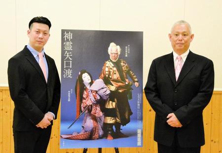 　歌舞伎座新開場十周年「七月大歌舞伎」で上演される「神霊矢口渡」の合同取材会に登場した（左から）中村児太郎、市川男女蔵