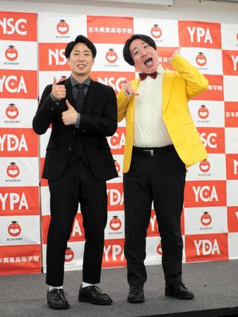 　取材会に出席した金魚番長の箕輪智征（左）、古市勇介