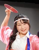 　会見に出席したはっぴちゃん。