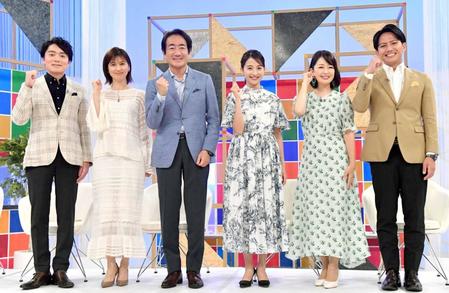 　（左から）ＮＨＫ・高瀬耕造アナ、日本テレビ・鈴江奈々アナ、テレビ朝日・山口豊アナ、ＴＢＳ・日比麻音子アナ、テレビ東京・松丸友紀アナ、フジテレビ・安宅晃樹アナ（撮影・佐々木彰尚）