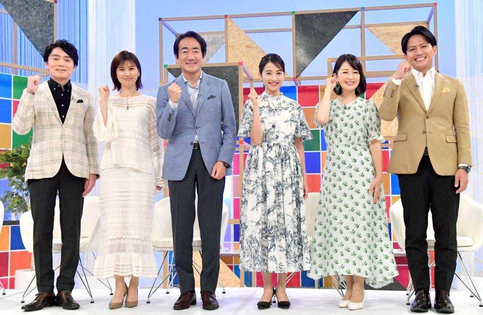 　（左から）ＮＨＫ・高瀬耕造アナ、日本テレビ・鈴江奈々アナ、テレビ朝日・山口豊アナ、ＴＢＳ・日比麻音子アナ、テレビ東京・松丸友紀アナ、フジテレビ・安宅晃樹アナ（撮影・佐々木彰尚）