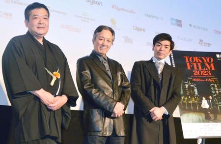 　トークショーに出席した（左から）立川談笑、田村亮、坂本頼光