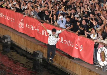 道頓堀川に飛び込む阪神ファン（画像の一部を加工しています）＝撮影・石井剣太郎