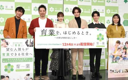 　（左から）石田明、藤原一裕、島崎遥香、猪塚健太、大野瑞生、山﨑ケイ（撮影・伊藤笙子）