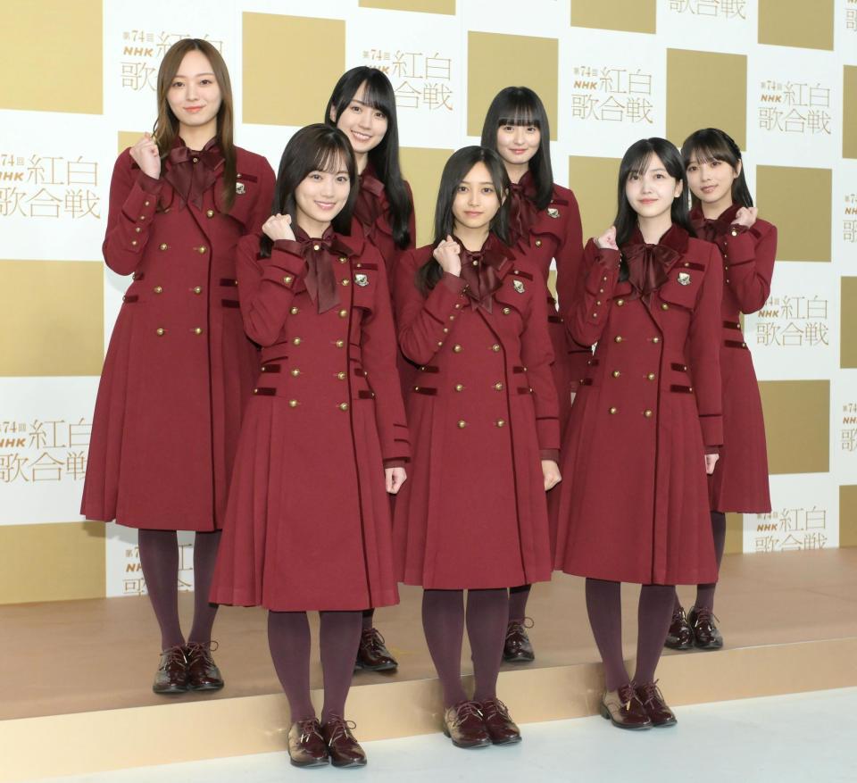 　第７４回紅白歌合戦に出場する（前列左から）乃木坂４６の山下美月、井上和、久保史緒里（後列左から）梅澤美波、賀喜遥香、遠藤さくら、与田祐希（撮影・堀内翔）