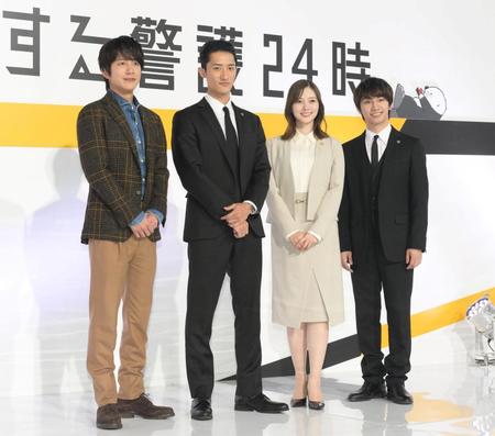 　「恋する警護２４時」に出演する（左から）溝端淳平、Ｓｎｏｗ　Ｍａｎの岩本照、白石麻衣、なにわ男子の藤原丈一郎（撮影・堀内翔）