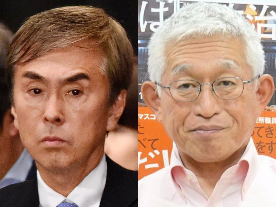 　石原伸晃氏（左）と泉房穂氏