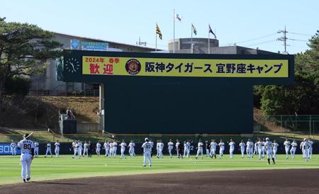 　宜野座キャンプがスタートし、ウオーミングアップをする阪神ナイン（撮影・立川洋一郎）