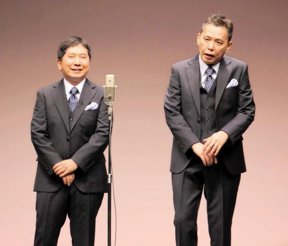 　タイタンライブに出演した爆笑問題の田中裕二（左）と太田光＝東京・時事通信ホール　２０２４年６月