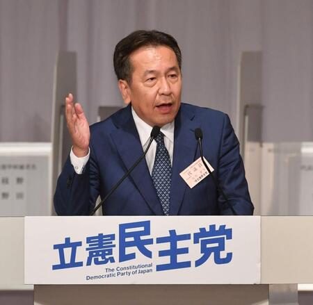 　決意表明をする枝野幸男氏（撮影・佐々木彰尚）