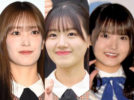 　卒業を発表した日向坂４６の（左から）佐々木久美、佐々木美玲、高瀬愛奈