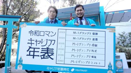 　キャリア年表を掲げる（左から）令和ロマンの高比良くるま、松井ケムリ