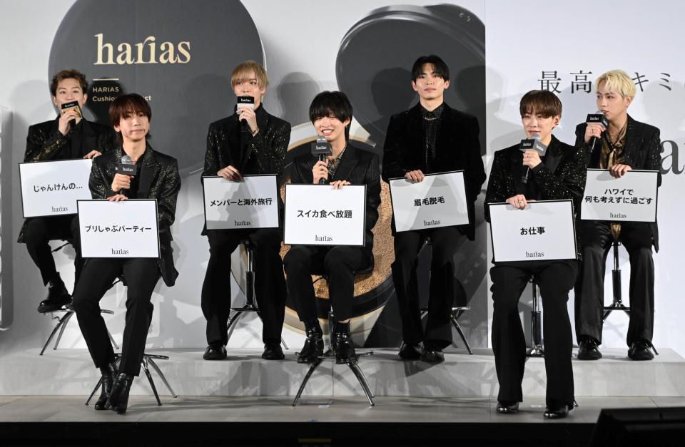 　トークで盛り上がるＩＭＰ．のメンバー（前列左から）鈴木大河、佐藤新、基俊介（後列左から）椿泰我、松井奏、影山拓也、横原悠毅（撮影・持木克友）