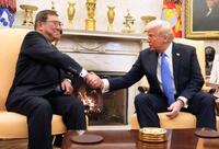 　首脳会談で握手を交わす石破首相（左）とトランプ米大統領＝７日（共同）