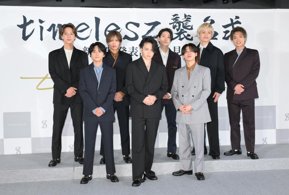 　オーディションで５人が加入し、新体制でのスタートを切ったｔｉｍｅｌｅｓｚ。（前列左から）佐藤勝利、菊池風磨、松島聡、（後列同）寺西拓人、猪俣周杜、橋本将生、篠塚大輝、原嘉孝（撮影・伊藤笙子）