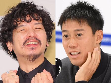 　Ｏｍｏｉｎｏｔａｋｅ・エモアキ（左）と錦織圭