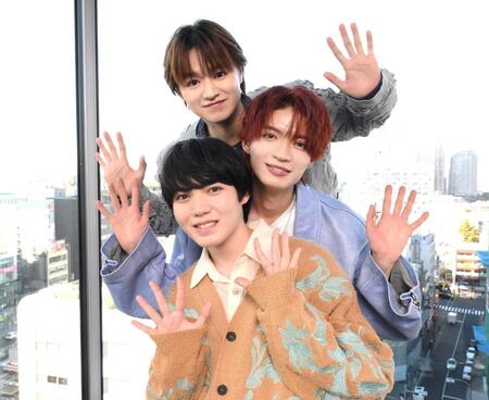 　三兄弟を演じる、原因は自分にある。の（上から）大倉空人、杢代和人、小泉光咲（撮影・堀内翔）